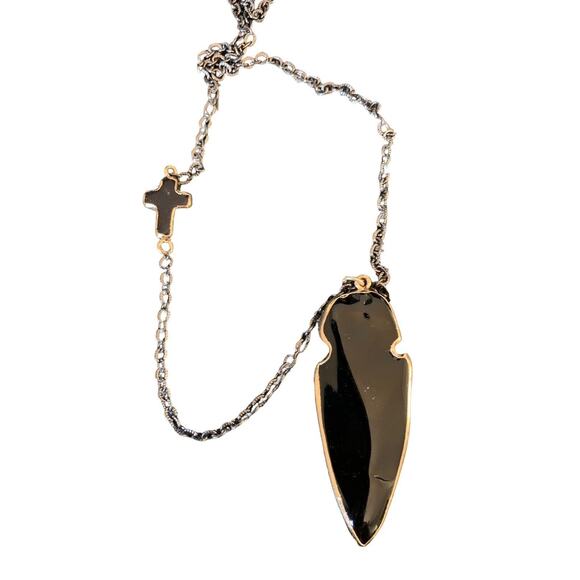 EXPRESS Gold Tone Cross Acrylic Arrowhead Gray Metal Chain Necklace 32”L - Picture 2 of 9